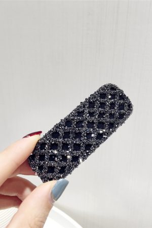 Korean Style Trendy Diamond-Studded Checkered Duckbill Hair Clip - Elegant Rectangular Edge Accessory for Fashionable Looks