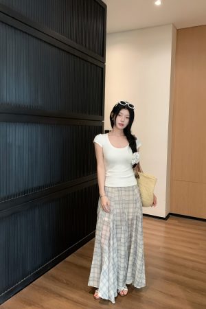 Korean Style U-Neck Short Sleeve T-Shirt - Elastic Slim Fit, Sheer Lightweight, Solid Color for Effortless Everyday Style