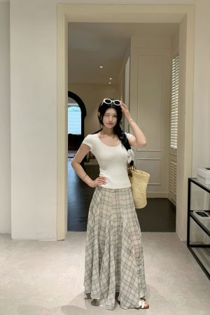 Korean Style U-Neck Short Sleeve T-Shirt - Elastic Slim Fit, Sheer Lightweight, Solid Color for Effortless Everyday Style