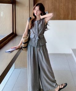 Korean Style Vest and High-Waisted Wide-Leg Pants Two-Piece Set for Women - Unique Slim-Fit Design for Summer 2025