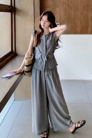 Korean Style Vest and High-Waisted Wide-Leg Pants Two-Piece Set for Women - Unique Slim-Fit Design for Summer 2025