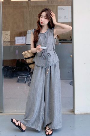 Korean Style Vest and High-Waisted Wide-Leg Pants Two-Piece Set for Women - Unique Slim-Fit Design for Summer 2025