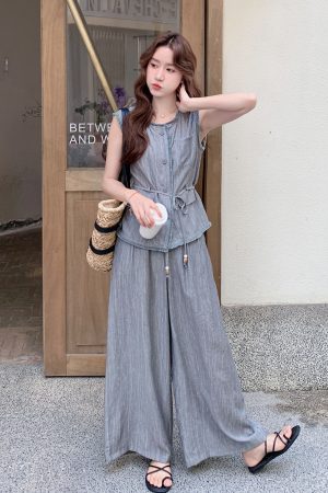 Korean Style Vest and High-Waisted Wide-Leg Pants Two-Piece Set for Women - Unique Slim-Fit Design for Summer 2025