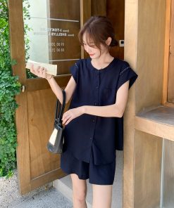 Korean Style Vest Suit for Women - 2025 Summer Retro Casual Two-Piece Set with High-Waisted Wide-Leg Shorts