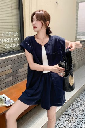 Korean Style Vest Suit for Women - 2025 Summer Retro Casual Two-Piece Set with High-Waisted Wide-Leg Shorts