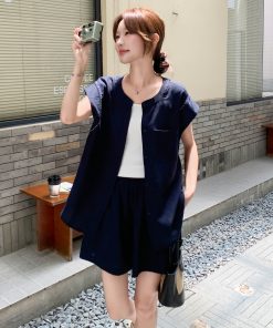 Korean Style Vest Suit for Women - 2025 Summer Retro Casual Two-Piece Set with High-Waisted Wide-Leg Shorts