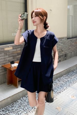Korean Style Vest Suit for Women - 2025 Summer Retro Casual Two-Piece Set with High-Waisted Wide-Leg Shorts