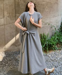 Korean Style Waist-Cinching Long Dress for Women - 2025 Summer Fashion, Unique Gray Design, Stylish and Elegant