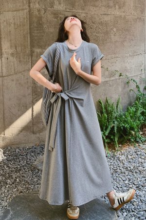 Korean Style Waist-Cinching Long Dress for Women - 2025 Summer Fashion, Unique Gray Design, Stylish and Elegant