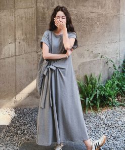 Korean Style Waist-Cinching Long Dress for Women - 2025 Summer Fashion, Unique Gray Design, Stylish and Elegant