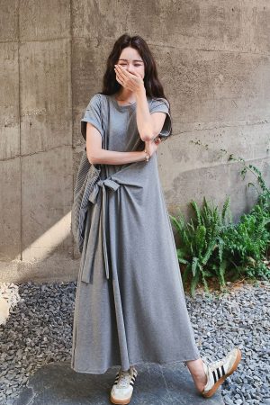 Korean Style Waist-Cinching Long Dress for Women - 2025 Summer Fashion, Unique Gray Design, Stylish and Elegant