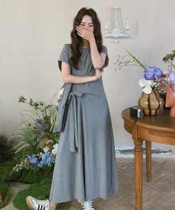 Korean Style Waist-Cinching Long Dress for Women - 2025 Summer Fashion, Unique Gray Design, Stylish and Elegant
