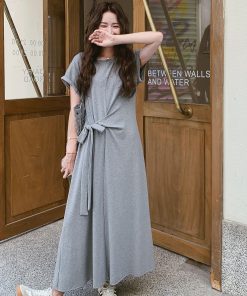 Korean Style Waist-Cinching Long Dress for Women - 2025 Summer Fashion, Unique Gray Design, Stylish and Elegant