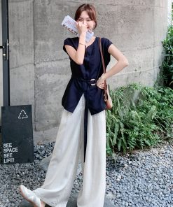 Korean Style Waist-Cinching Vest and Wide-Leg Pants Two-Piece Set for Women - Trendy Summer Fashion 2025