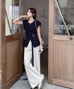 Korean Style Waist-Cinching Vest and Wide-Leg Pants Two-Piece Set for Women - Trendy Summer Fashion 2025