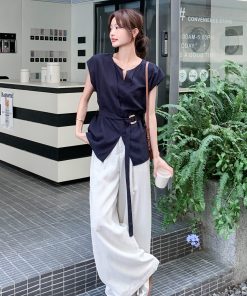 Korean Style Waist-Cinching Vest and Wide-Leg Pants Two-Piece Set for Women - Trendy Summer Fashion 2025