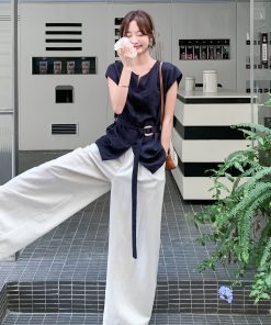 Korean Style Waist-Cinching Vest and Wide-Leg Pants Two-Piece Set for Women - Trendy Summer Fashion 2025