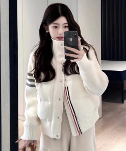 Korean-Style Warm Stand-Collar Short Down Jacket with Spliced Knitted Sleeves for Women - Fashionable Autumn Winter Coat 2025