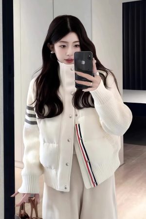 Korean-Style Warm Stand-Collar Short Down Jacket with Spliced Knitted Sleeves for Women - Fashionable Autumn Winter Coat 2025