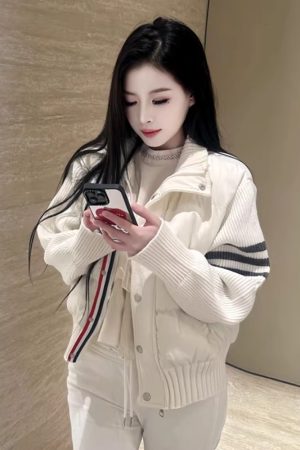 Korean-Style Warm Stand-Collar Short Down Jacket with Spliced Knitted Sleeves for Women - Fashionable Autumn Winter Coat 2025