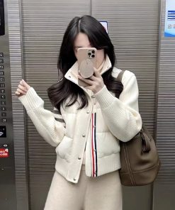 Korean-Style Warm Stand-Collar Short Down Jacket with Spliced Knitted Sleeves for Women - Fashionable Autumn Winter Coat 2025