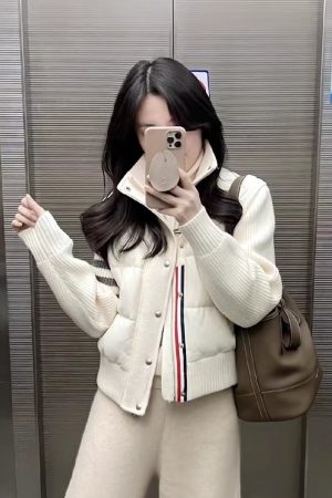 Korean-Style Warm Stand-Collar Short Down Jacket with Spliced Knitted Sleeves for Women - Fashionable Autumn Winter Coat 2025