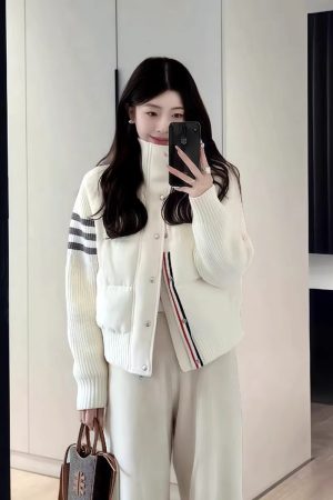 Korean-Style Warm Stand-Collar Short Down Jacket with Spliced Knitted Sleeves for Women - Fashionable Autumn Winter Coat 2025