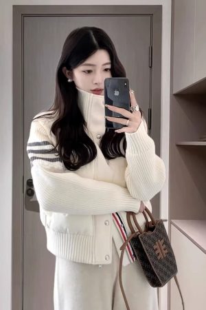 Korean-Style Warm Stand-Collar Short Down Jacket with Spliced Knitted Sleeves for Women - Fashionable Autumn Winter Coat 2025