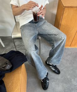 Korean Style Washed Blue and White Denim Pants for Men, Loose Straight Casual Trousers, Relaxed Fit 90s Fashion