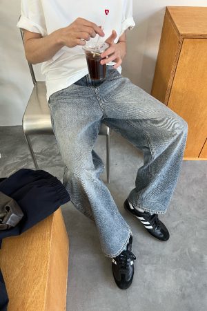 Korean Style Washed Blue and White Denim Pants for Men, Loose Straight Casual Trousers, Relaxed Fit 90s Fashion