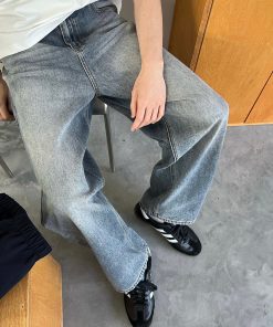Korean Style Washed Blue and White Denim Pants for Men, Loose Straight Casual Trousers, Relaxed Fit 90s Fashion