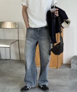 Korean Style Washed Blue and White Denim Pants for Men, Loose Straight Casual Trousers, Relaxed Fit 90s Fashion