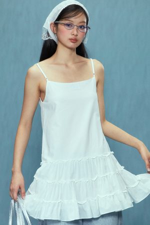Korean Style White Camisole Dress for Women, Elegant Spring/Summer 2025 Look, Chic and Versatile Fashion Essential