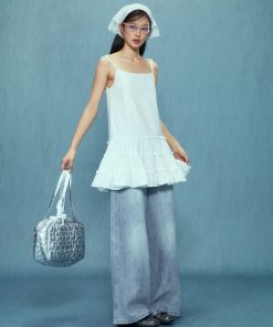 Korean Style White Camisole Dress for Women, Elegant Spring/Summer 2025 Look, Chic and Versatile Fashion Essential