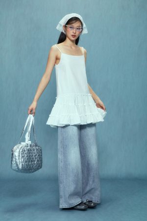 Korean Style White Camisole Dress for Women, Elegant Spring/Summer 2025 Look, Chic and Versatile Fashion Essential