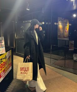 Korean Style Women's Black Oversized Woolen Coat | Unisex High-End Long Overcoat