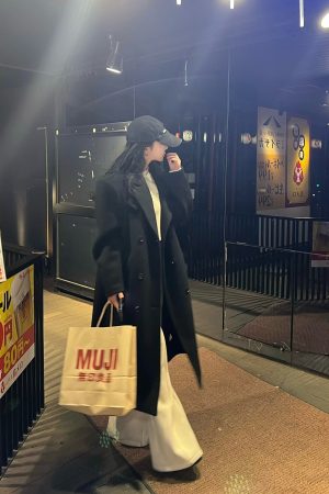 Korean Style Women's Black Oversized Woolen Coat | Unisex High-End Long Overcoat