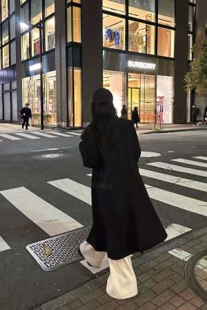 Korean Style Women's Black Oversized Woolen Coat | Unisex High-End Long Overcoat