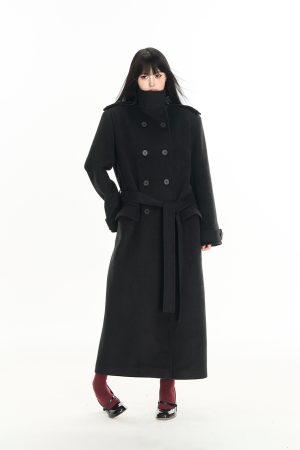 Korean Style Women's Long Double-Breasted Wool Blend Coat with Shoulder Lapels - Chic Protagonist Look