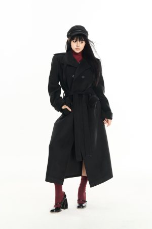 Korean Style Women's Long Double-Breasted Wool Blend Coat with Shoulder Lapels - Chic Protagonist Look