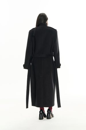 Korean Style Women's Long Double-Breasted Wool Blend Coat with Shoulder Lapels - Chic Protagonist Look