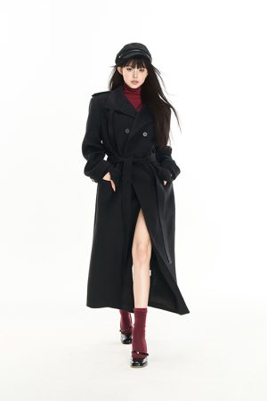 Korean Style Women's Long Double-Breasted Wool Blend Coat with Shoulder Lapels - Chic Protagonist Look
