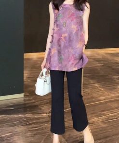 Korean Style Women's Slim-Fit Lapel Top and Wide-Leg Pants Two-Piece Set - 2025 Summer Fashion Outfit