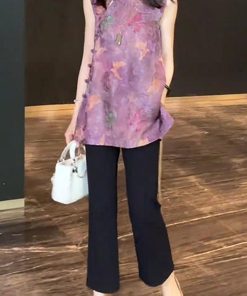 Korean Style Women's Slim-Fit Lapel Top and Wide-Leg Pants Two-Piece Set - 2025 Summer Fashion Outfit