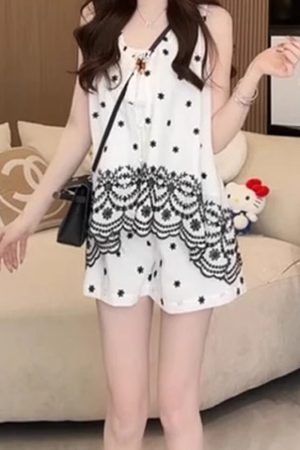 Korean Style Women's Summer 2025 Crochet Embroidered Sleeveless Vest & Casual Shorts Two-Piece Set