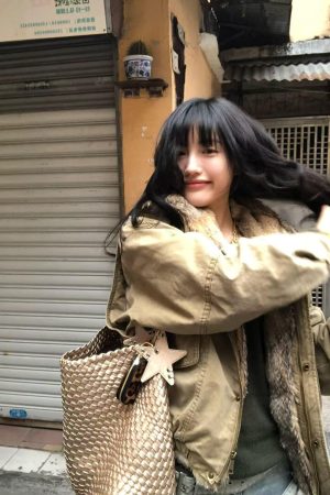 Korean Style Women's Winter Thick Parka Jacket with Fur Collar and Mountain Carving Design in Pumpkin Color