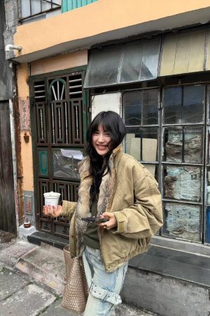 Korean Style Women's Winter Thick Parka Jacket with Fur Collar and Mountain Carving Design in Pumpkin Color