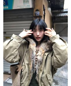 Korean Style Women's Winter Thick Parka Jacket with Fur Collar and Mountain Carving Design in Pumpkin Color