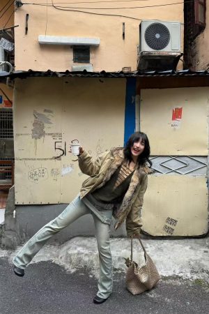 Korean Style Women's Winter Thick Parka Jacket with Fur Collar and Mountain Carving Design in Pumpkin Color