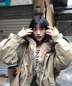 Korean Style Women's Winter Thick Parka Jacket with Fur Collar and Mountain Carving Design in Pumpkin Color